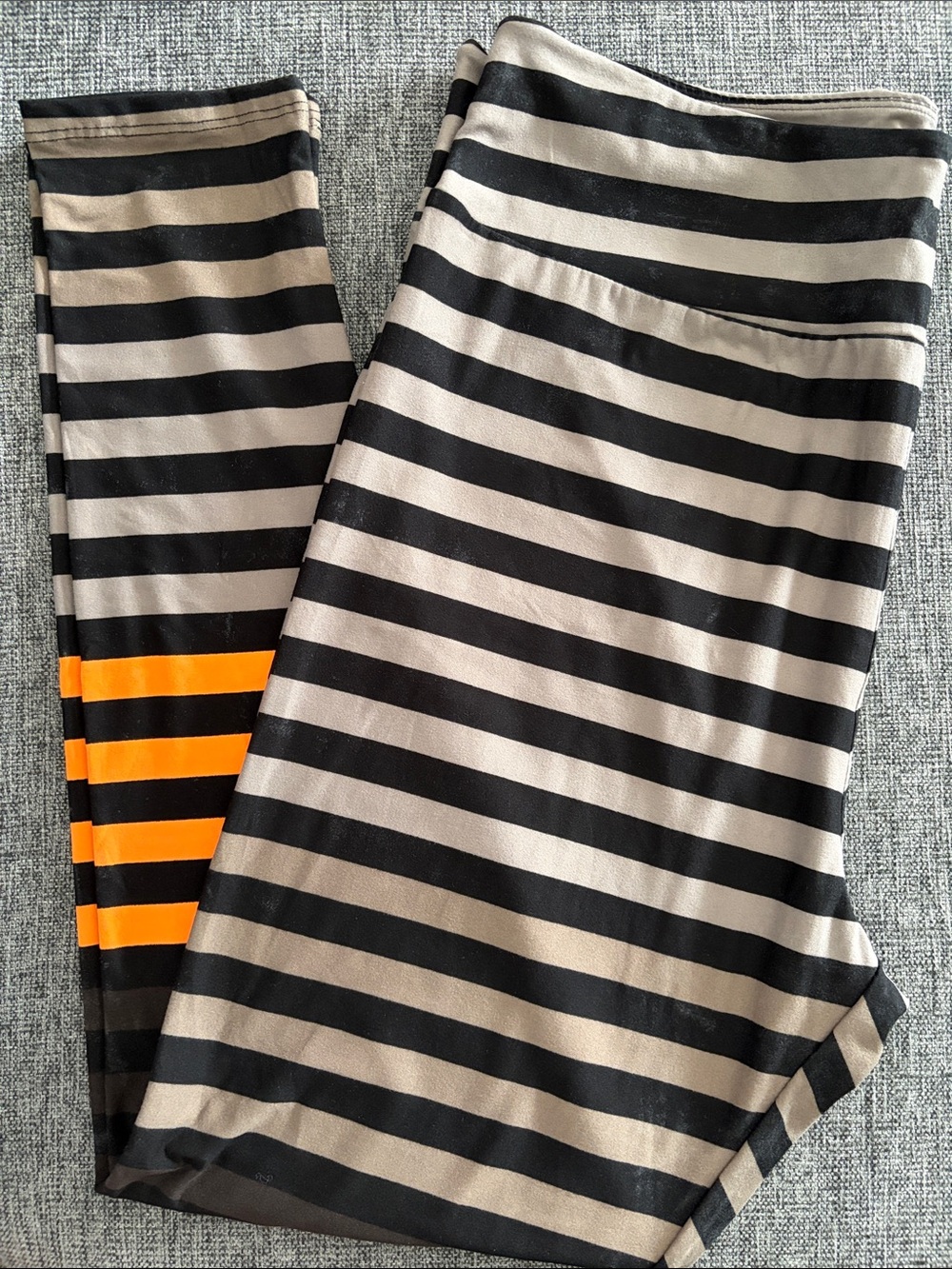 LuLaRoe-Striped Black and Tan Women's Leggings with Orange Accent